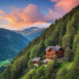 A picturesque house nestled into a mountain range, surrounded by lush trees and a vibrant sky.