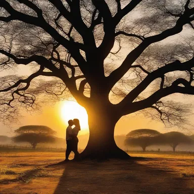 Lovers declare their eternal love for each other while standing beneath the towering branches of a sandarac tree at sunset.