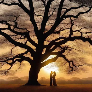 Lovers declare their eternal love for each other while standing beneath the towering branches of a sandarac tree at sunset.