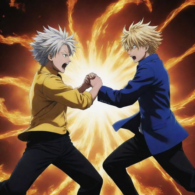 Gojo Satoru from Jujutsu Kaisen and Meliodas from Seven Deadly Sins engaging in an epic, intensely energetic duel.