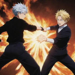 Gojo Satoru from Jujutsu Kaisen and Meliodas from Seven Deadly Sins engaging in an epic, intensely energetic duel.