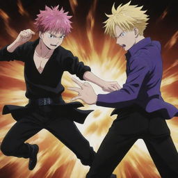 Gojo Satoru from Jujutsu Kaisen and Meliodas from Seven Deadly Sins engaging in an epic, intensely energetic duel.