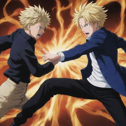 Gojo Satoru from Jujutsu Kaisen and Meliodas from Seven Deadly Sins engaging in an epic, intensely energetic duel.