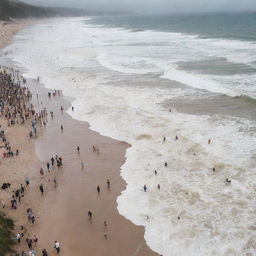 A chaotic scene of the sea overflowing its boundaries, with people on the beach fleeing in panic.