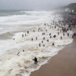 A chaotic scene of the sea overflowing its boundaries, with people on the beach fleeing in panic.