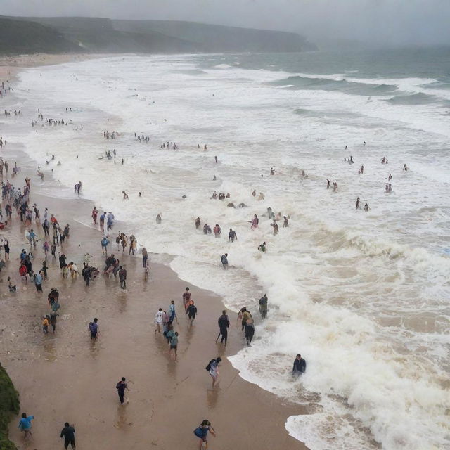 A chaotic scene of the sea overflowing its boundaries, with people on the beach fleeing in panic.