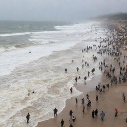 A chaotic scene of the sea overflowing its boundaries, with people on the beach fleeing in panic.