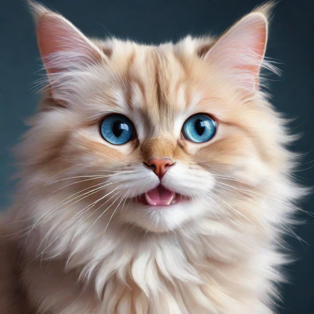 A digital painting of a cute, fluffy cat with sparkling eyes and a playful expression.