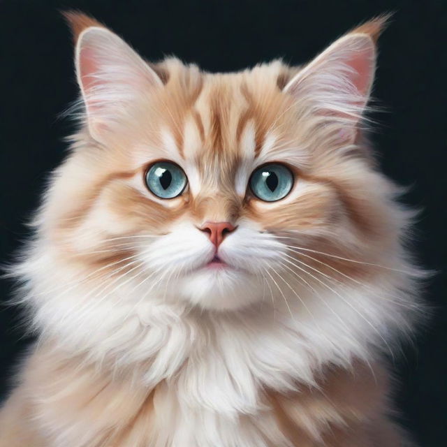 A digital painting of a cute, fluffy cat with sparkling eyes and a playful expression.