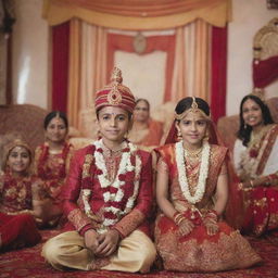 Chota Bheem and Indumati in traditional Indian wedding attire, participating in a wedding ceremony, surrounded by festive decorations.