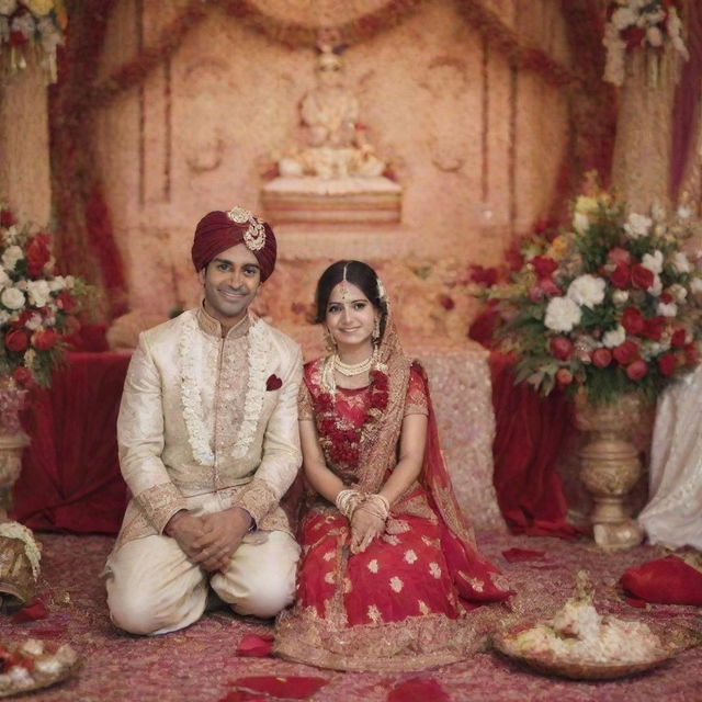 Chota Bheem and Indumati in traditional Indian wedding attire, participating in a wedding ceremony, surrounded by festive decorations.