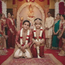 Chota Bheem and Indumati in traditional Indian wedding attire, participating in a wedding ceremony, surrounded by festive decorations.