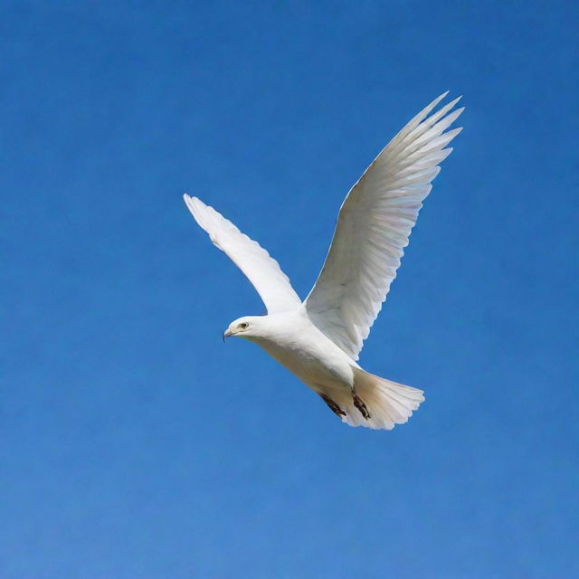 A large, graceful bird soaring high in the sky with wings spread wide against a backdrop of a clear blue sky.