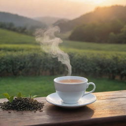 A steaming cup of tea preening on a rustic wooden table with a backdrop of flourishing tea leaves plantation at sunrise.