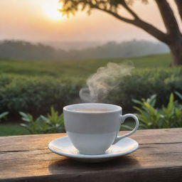 A steaming cup of tea preening on a rustic wooden table with a backdrop of flourishing tea leaves plantation at sunrise.