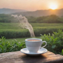 A steaming cup of tea preening on a rustic wooden table with a backdrop of flourishing tea leaves plantation at sunrise.