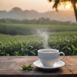 A steaming cup of tea preening on a rustic wooden table with a backdrop of flourishing tea leaves plantation at sunrise.