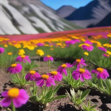 The camera focuses on a close-up shot of the vibrant stonecress flowers blooming in the foreground.