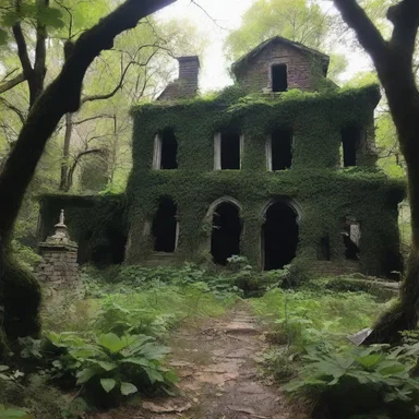 The eerie abandoned garden was overrun with overgrown stonecress, adding to the creepy atmosphere of the haunted house.