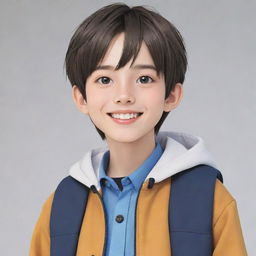 Generate an anime style image of a cute, 14 year old boy with safe and appropriate clothing. The boy has bright, cheerful eyes and a friendly smile.