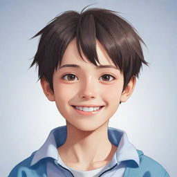 Generate an anime style image of a cute, 14 year old boy with safe and appropriate clothing. The boy has bright, cheerful eyes and a friendly smile.