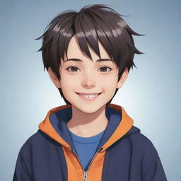 Generate an anime style image of a cute, 14 year old boy with safe and appropriate clothing. The boy has bright, cheerful eyes and a friendly smile.