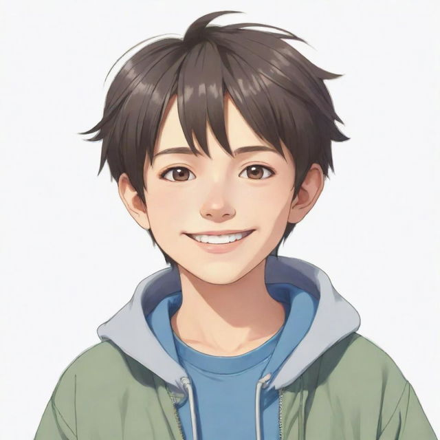 Generate an anime style image of a cute, 14 year old boy with safe and appropriate clothing. The boy has bright, cheerful eyes and a friendly smile.