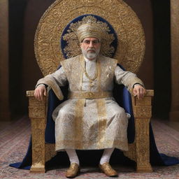 Futuristic concept of the ruler of Iran in the year 2100, dressed in advanced royal attire while seated on a high-tech throne.