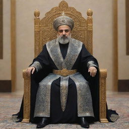 Futuristic concept of the ruler of Iran in the year 2100, dressed in advanced royal attire while seated on a high-tech throne.