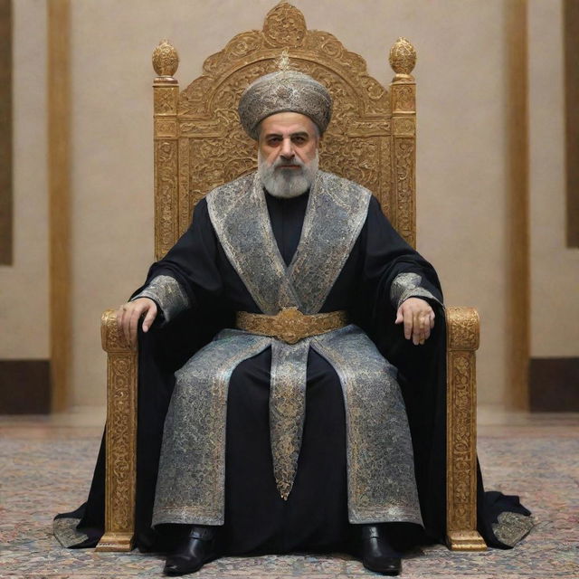 Futuristic concept of the ruler of Iran in the year 2100, dressed in advanced royal attire while seated on a high-tech throne.