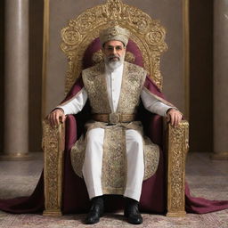 Futuristic concept of the ruler of Iran in the year 2100, dressed in advanced royal attire while seated on a high-tech throne.