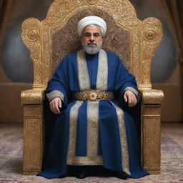 Futuristic concept of the ruler of Iran in the year 2100, dressed in advanced royal attire while seated on a high-tech throne.