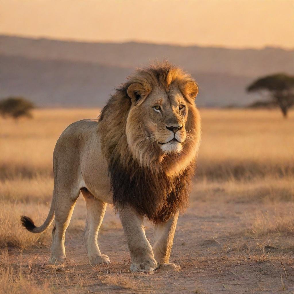 A majestic lion in the middle of a savannah under the golden rays of the setting sun