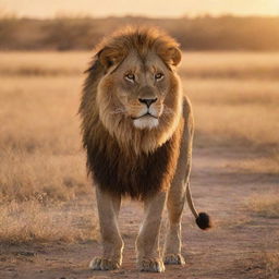 A majestic lion in the middle of a savannah under the golden rays of the setting sun