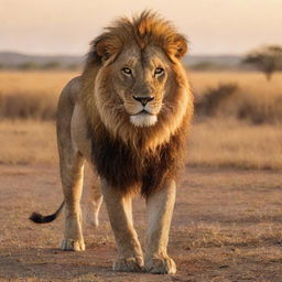 A majestic lion in the middle of a savannah under the golden rays of the setting sun