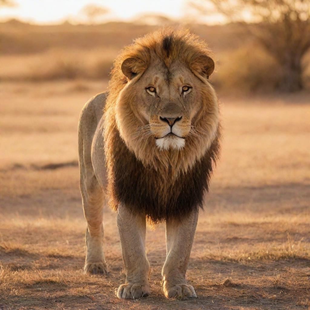 A majestic lion in the middle of a savannah under the golden rays of the setting sun