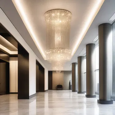 The sleek and modern design of the building's interior featured a mesmerizing sparling chandelier.