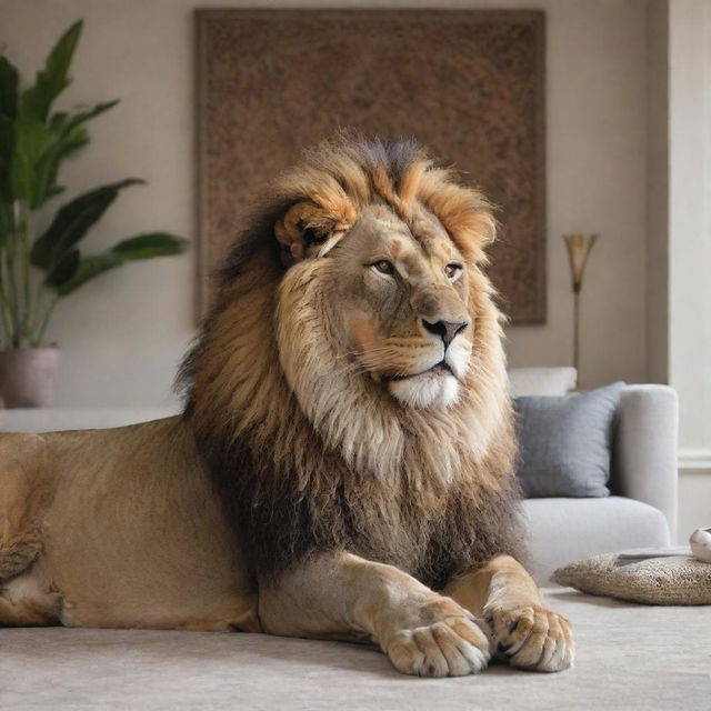 A realistic lion resting peacefully in an intricately decorated contemporary living room