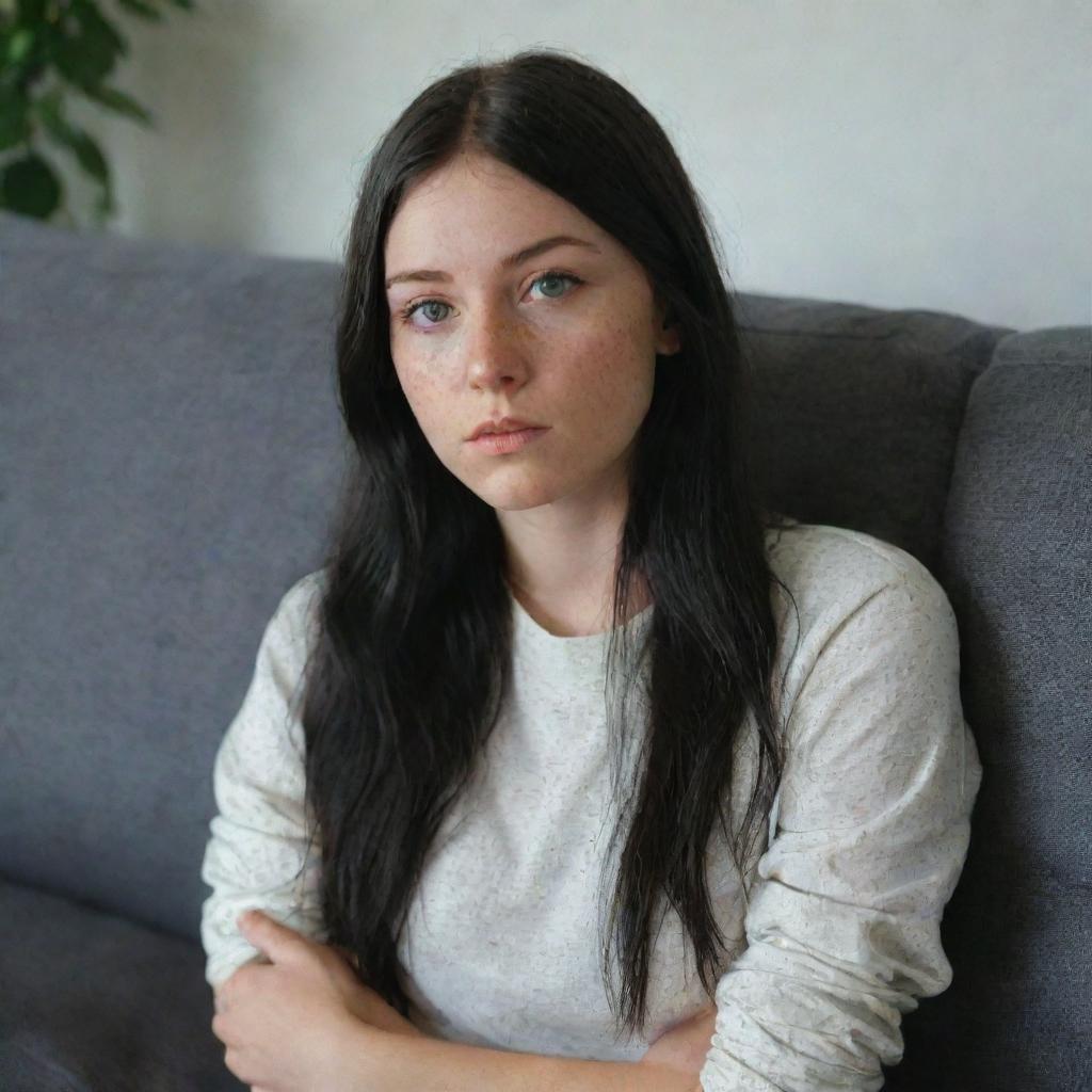 23-year-old female with green eyes and black long hair, with one golden lock, freckles, dressed in hipster style clothes, appearing tired on a sofa, in a raw style. Medium distance shot, with the quality of a 4k HD image.