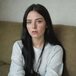 23-year-old female with green eyes and black long hair, with one golden lock, freckles, dressed in hipster style clothes, appearing tired on a sofa, in a raw style. Medium distance shot, with the quality of a 4k HD image.