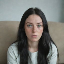 23-year-old female with green eyes and black long hair, with one golden lock, freckles, dressed in hipster style clothes, appearing tired on a sofa, in a raw style. Medium distance shot, with the quality of a 4k HD image.