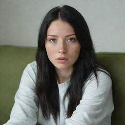 23-year-old female with green eyes and black long hair, with one golden lock, freckles, dressed in hipster style clothes, appearing tired on a sofa, in a raw style. Medium distance shot, with the quality of a 4k HD image.