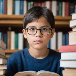 A young boy named Arka, appearing studious and articulate, surrounded by books, wearing eyeglasses, featuring a warm, intelligent gaze