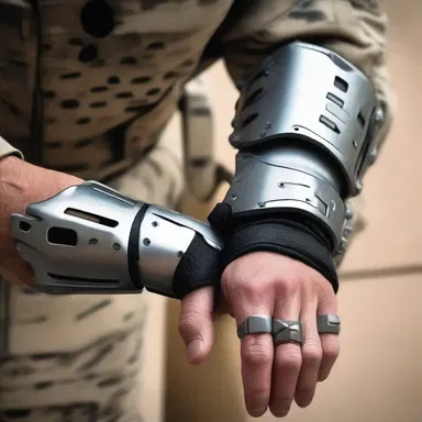 In the futuristic world of advanced technology, soldiers wore high-tech vambraces to shield their forearms during battle.