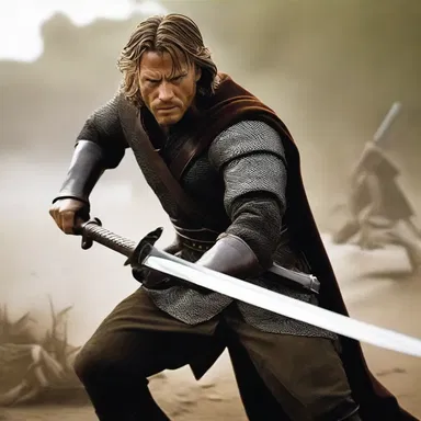 The action hero confidently slipped on his vambraces before engaging in a thrilling sword fight scene.