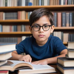 A young boy named Arka, appearing studious and articulate, surrounded by books, wearing eyeglasses, featuring a warm, intelligent gaze