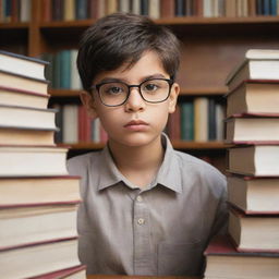 A young boy named Arka, appearing studious and articulate, surrounded by books, wearing eyeglasses, featuring a warm, intelligent gaze