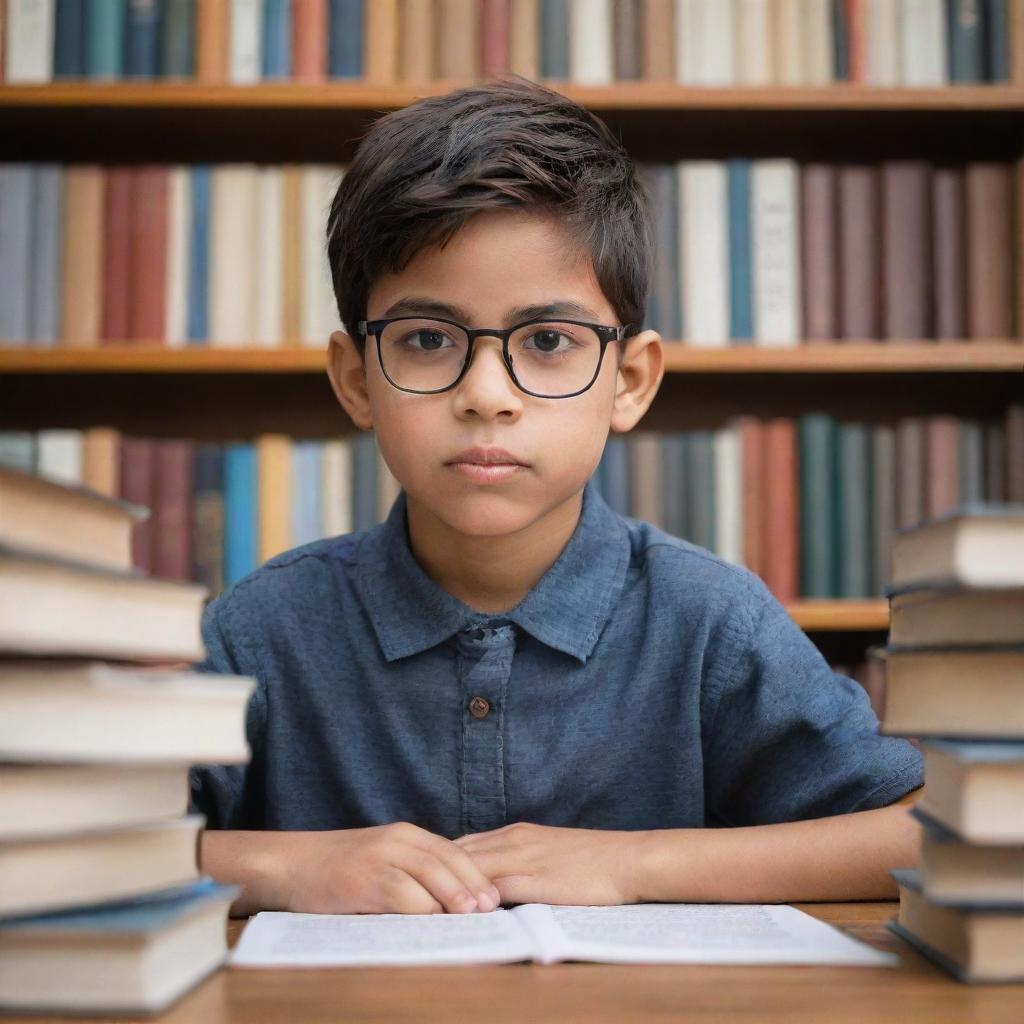 A young boy named Arka, appearing studious and articulate, surrounded by books, wearing eyeglasses, featuring a warm, intelligent gaze