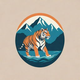 Design a logo for a tourism company incorporating elements of a Himalayan mountain, a flowing river, a majestic tiger, and symbolic references to tourism.