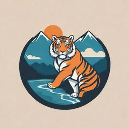 Design a logo for a tourism company incorporating elements of a Himalayan mountain, a flowing river, a majestic tiger, and symbolic references to tourism.